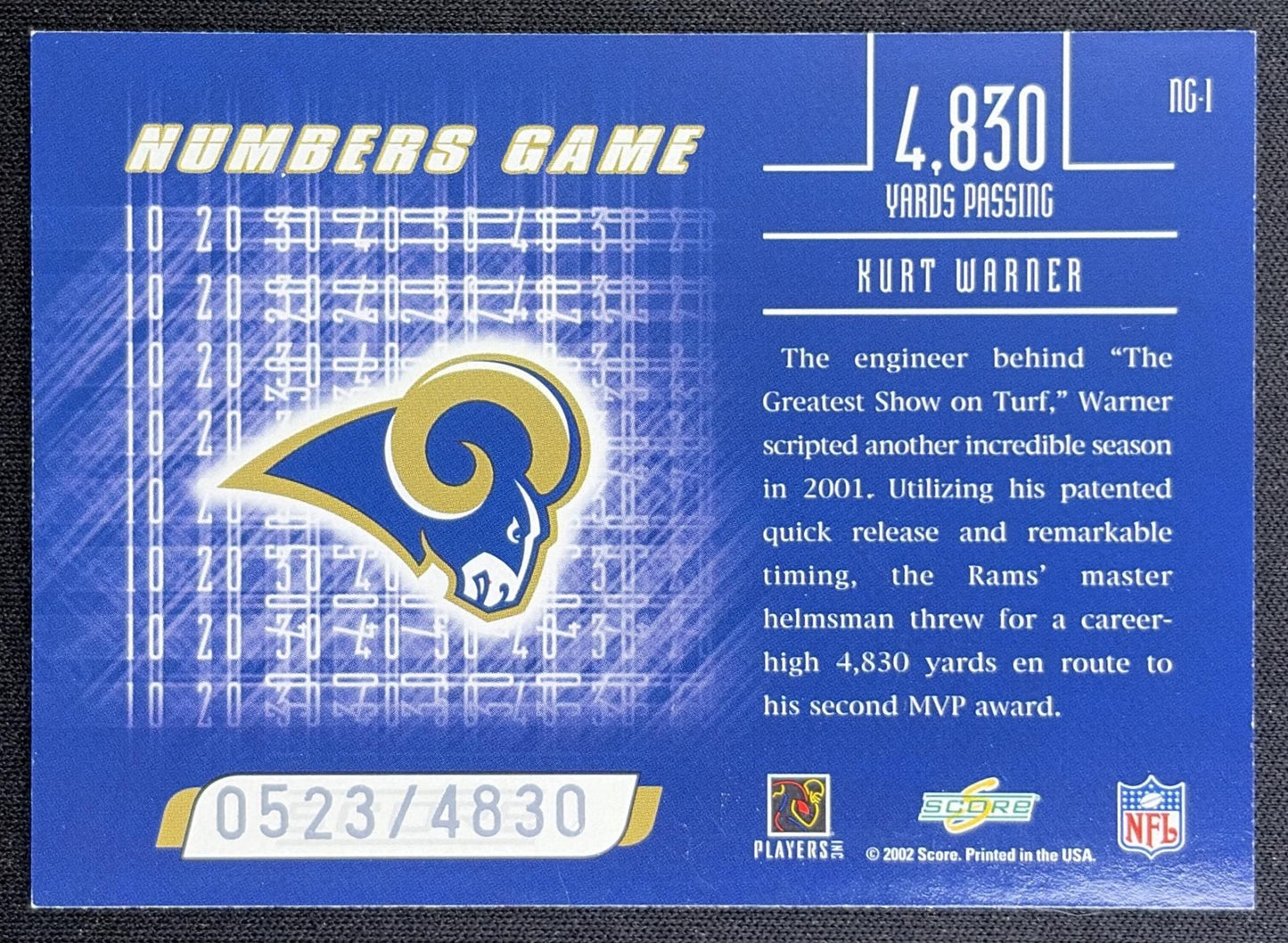 Kurt Warner 2002 Score Numbers Game /4830 Rams