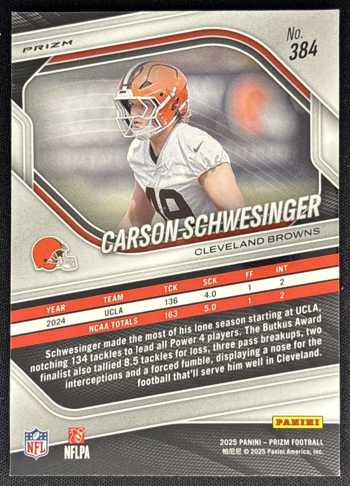 Carson Schwesinger 2025 Panini Prizm Pink Wave Browns Sports Trading Cards