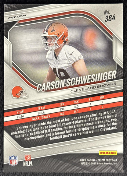 Carson Schwesinger 2025 Panini Prizm Pink Wave Browns Sports Trading Cards
