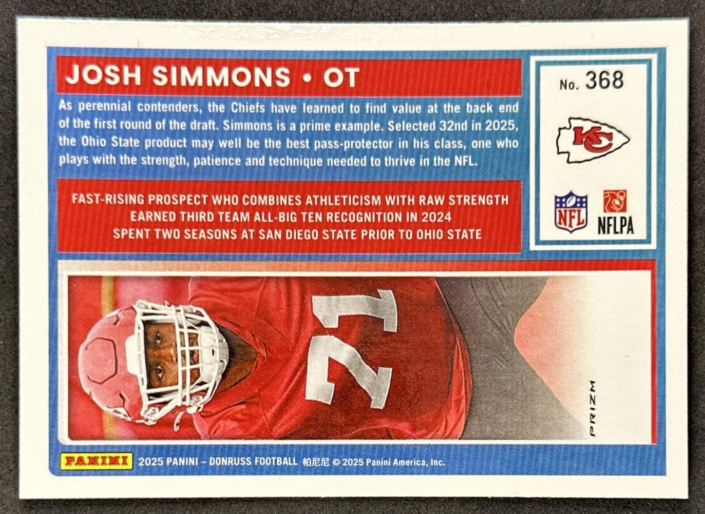 Josh Simmons 2025 Panini Donruss Optic Rated Rookie Preview Red Wave Chiefs back sports trading card