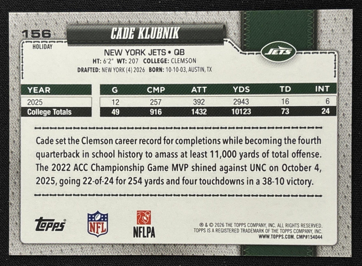 Cade Klubnik 2026 Topps Holiday Glitter Jets | New York Jets