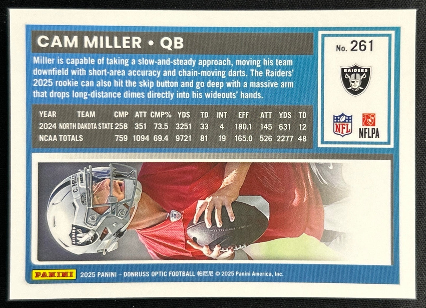 Cam Miller 2025 Donruss Optic Rated Rookie Raiders Sports Trading Cards
