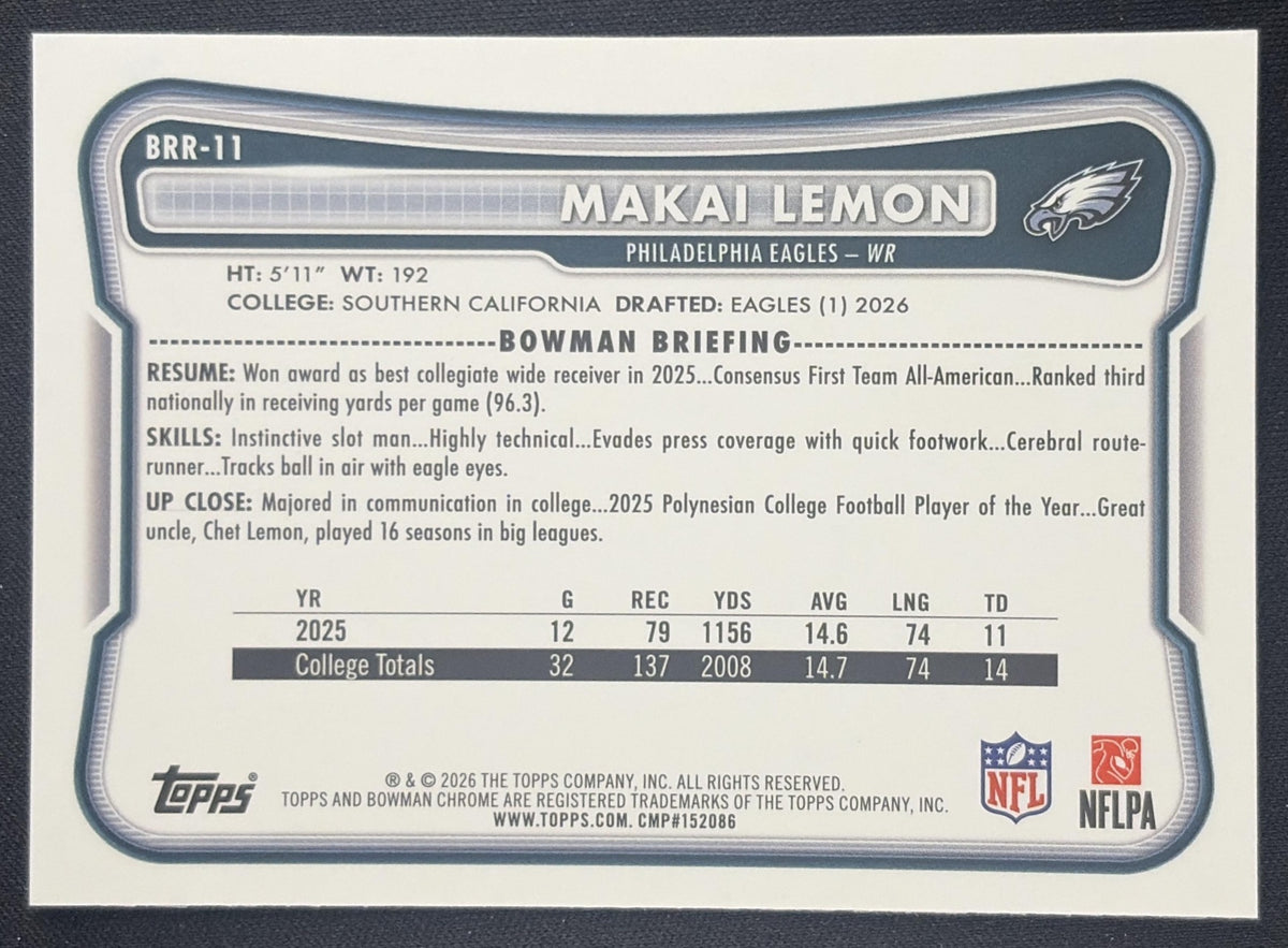 Makai Lemon 2026 Bowman Chrome Red RC Variation Eagles Rookie