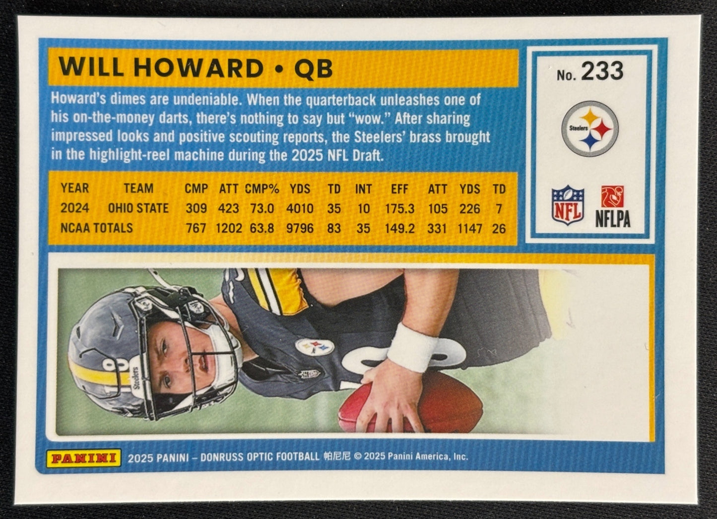 Will Howard 2025 Donruss Optic Rated Rookie Steelers Sports Trading Card