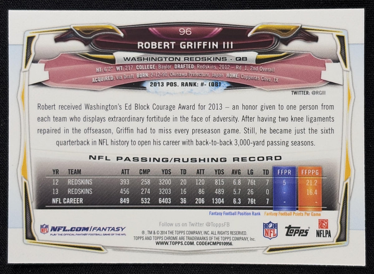 Robert Griffin III 2014 Topps Chrome Orange Refractor Redskins