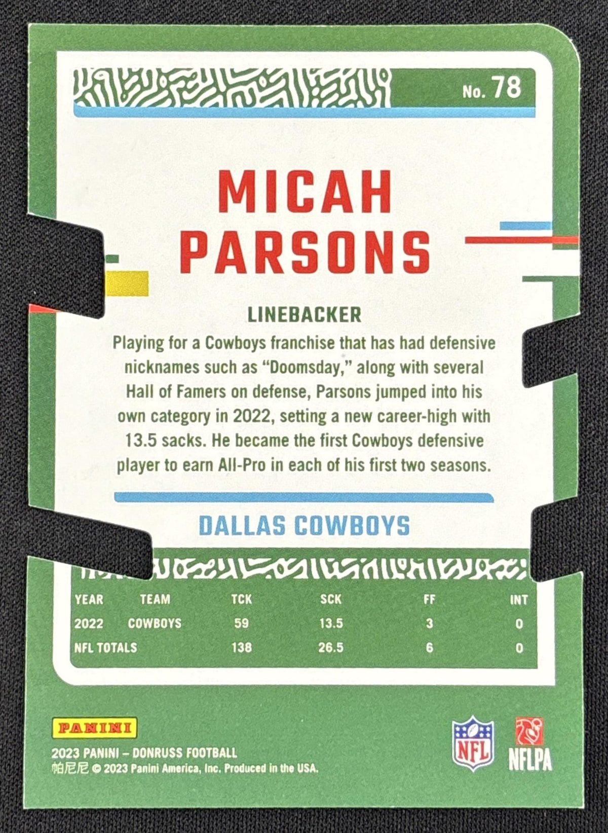 Micah Parsons 2023 Panini Donruss Press Proof Silver Die Cut /75 Cowboys