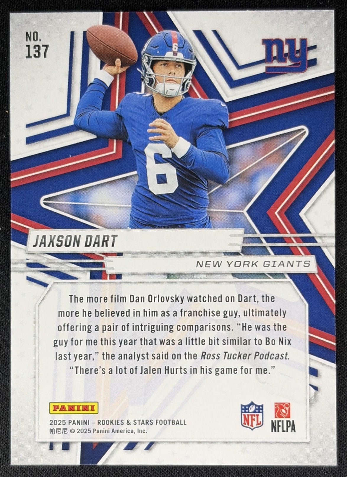 Jaxson Dart 2025 Panini Rookies & Stars Orange /249 Giants back