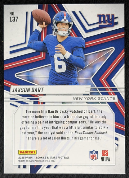 Jaxson Dart 2025 Panini Rookies & Stars Orange /249 Giants back