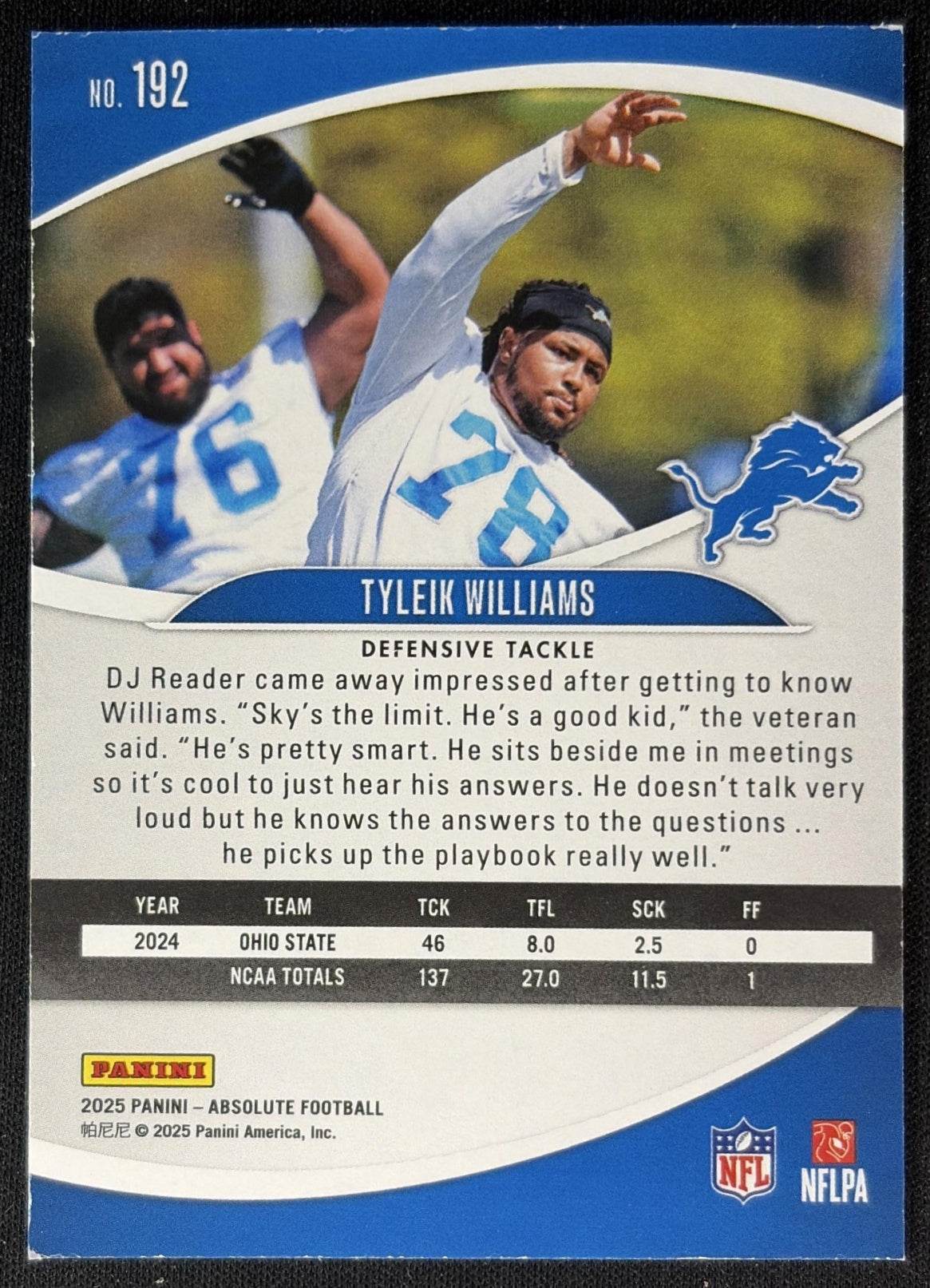 Tyleik Williams 2025 Panini Absolute Rookies Lions Sports Trading Cards