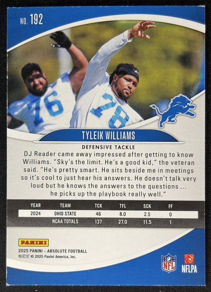 Tyleik Williams 2025 Panini Absolute Rookies Lions Sports Trading Cards