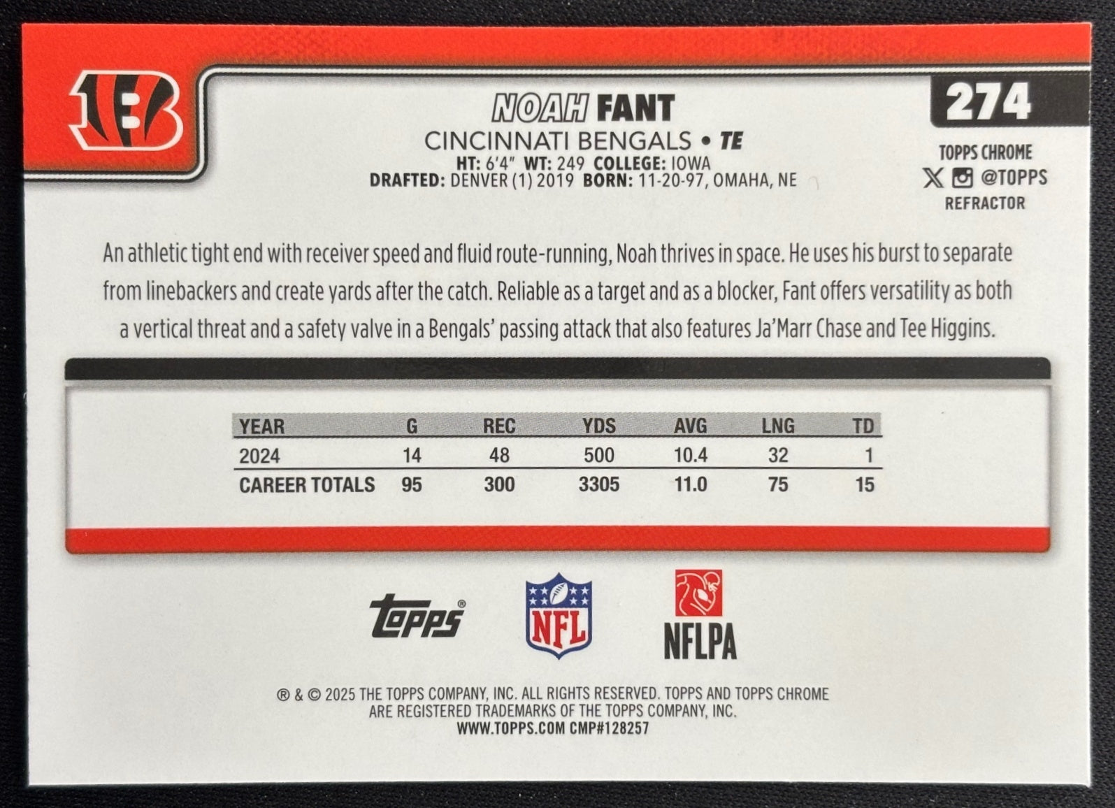 Noah Fant 2025 Topps Chrome Refractor Bengals Sports Trading Cards
