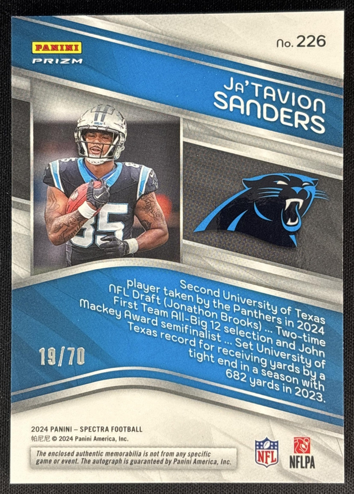 Ja Tavion Sanders 2024 Panini Spectra Rookie Patch Auto Supernova /70 Panthers back