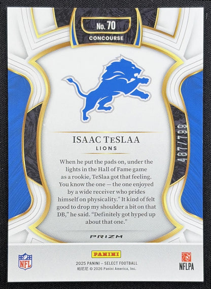 Isaac TeSlaa 2025 Panini Select Concourse White Prizm Shock /799 Lions - back