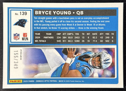 Bryce Young 2025 Panini Donruss Optic Aqua Prizm /349 Panthers Back