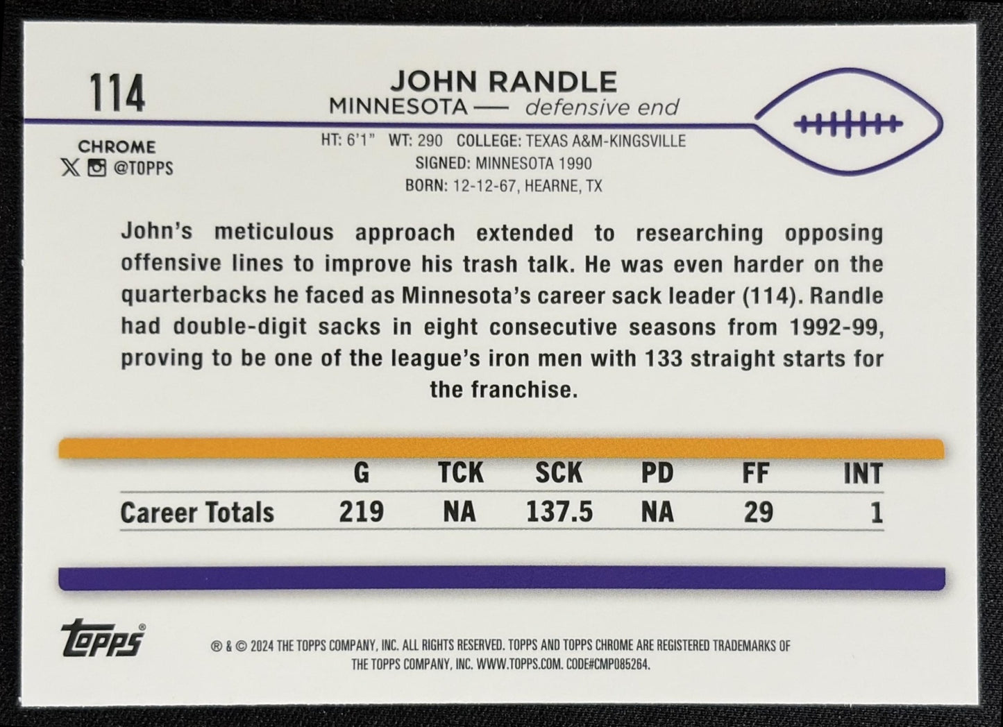John Randle 2024 Topps Chrome Magenta Speckle Refractor /399 Vikings