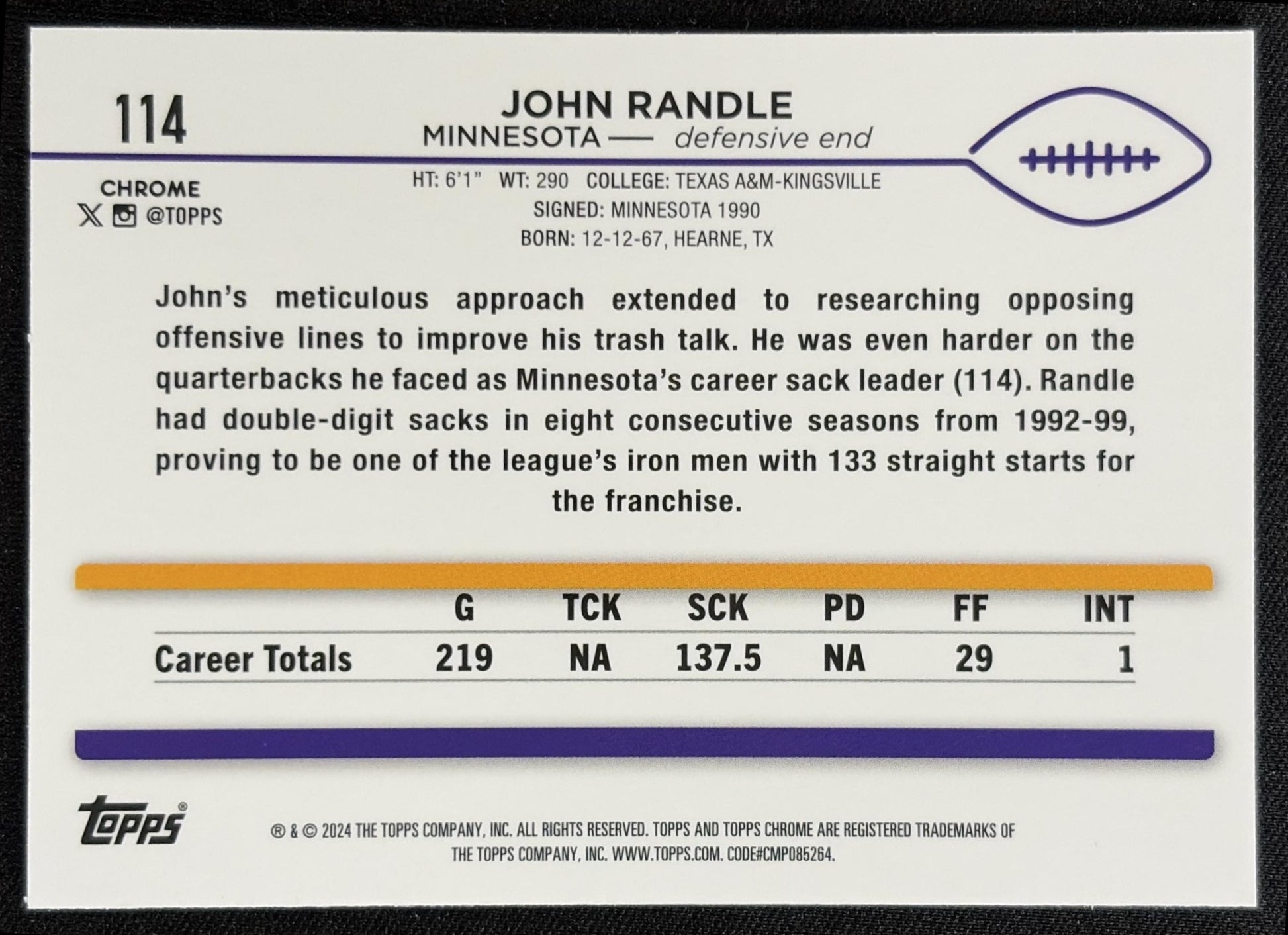 John Randle 2024 Topps Chrome Magenta Speckle Refractor /399 Vikings