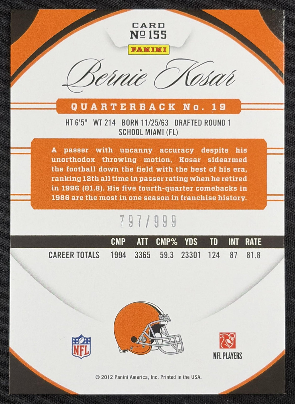 Bernie Kosar 2012 Panini Certified /999 Browns