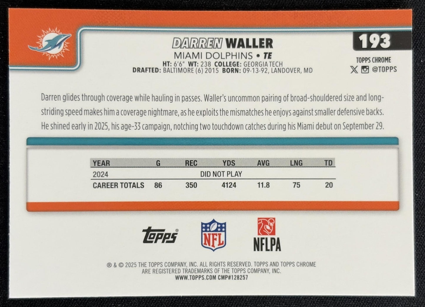 Darren Waller 2025 Topps Chrome RayWave Refractor Dolphins