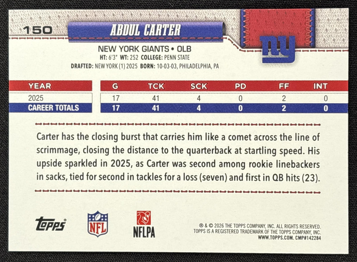Abdul Carter 2026 Topps Pink Holo Foil Giants New York Giants