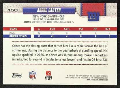 Abdul Carter 2026 Topps Pink Holo Foil Giants New York Giants