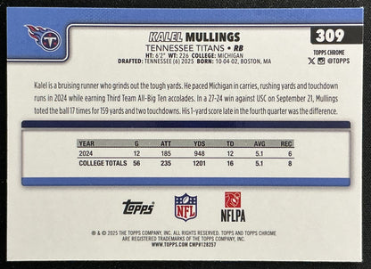 Kalel Mullings 2025 Topps Chrome Rookie Titans Sports Trading Cards