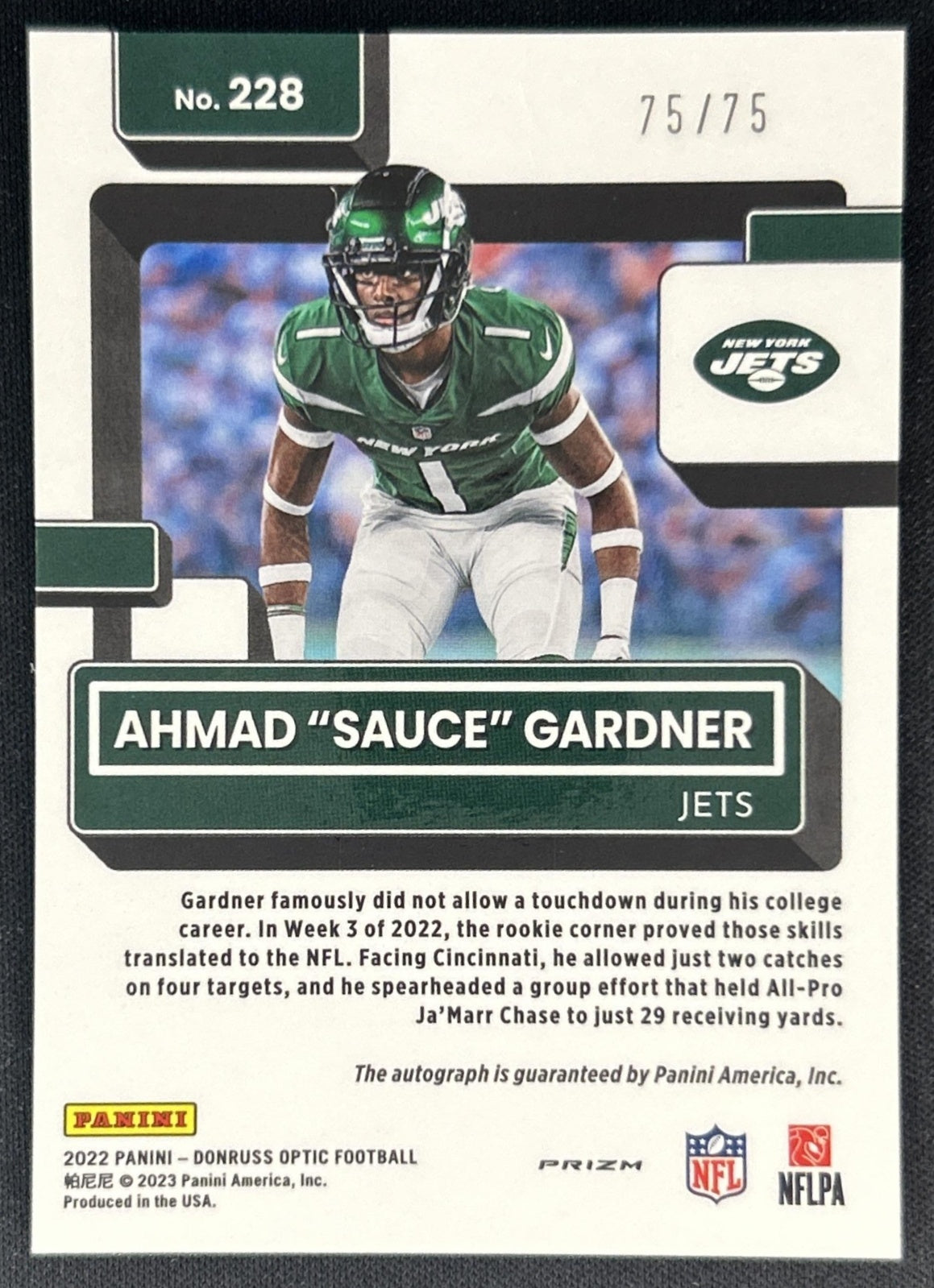 Ahmad "Sauce" Gardner 2022 Donruss Optic Rated Rookie RPS Auto Red /75 Jets Back