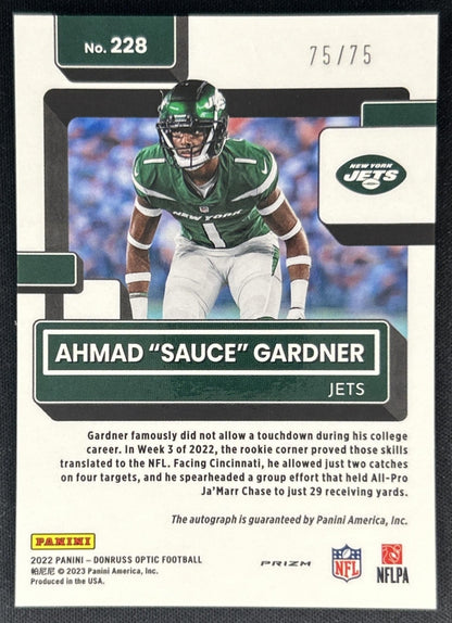 Ahmad "Sauce" Gardner 2022 Donruss Optic Rated Rookie RPS Auto Red /75 Jets Back