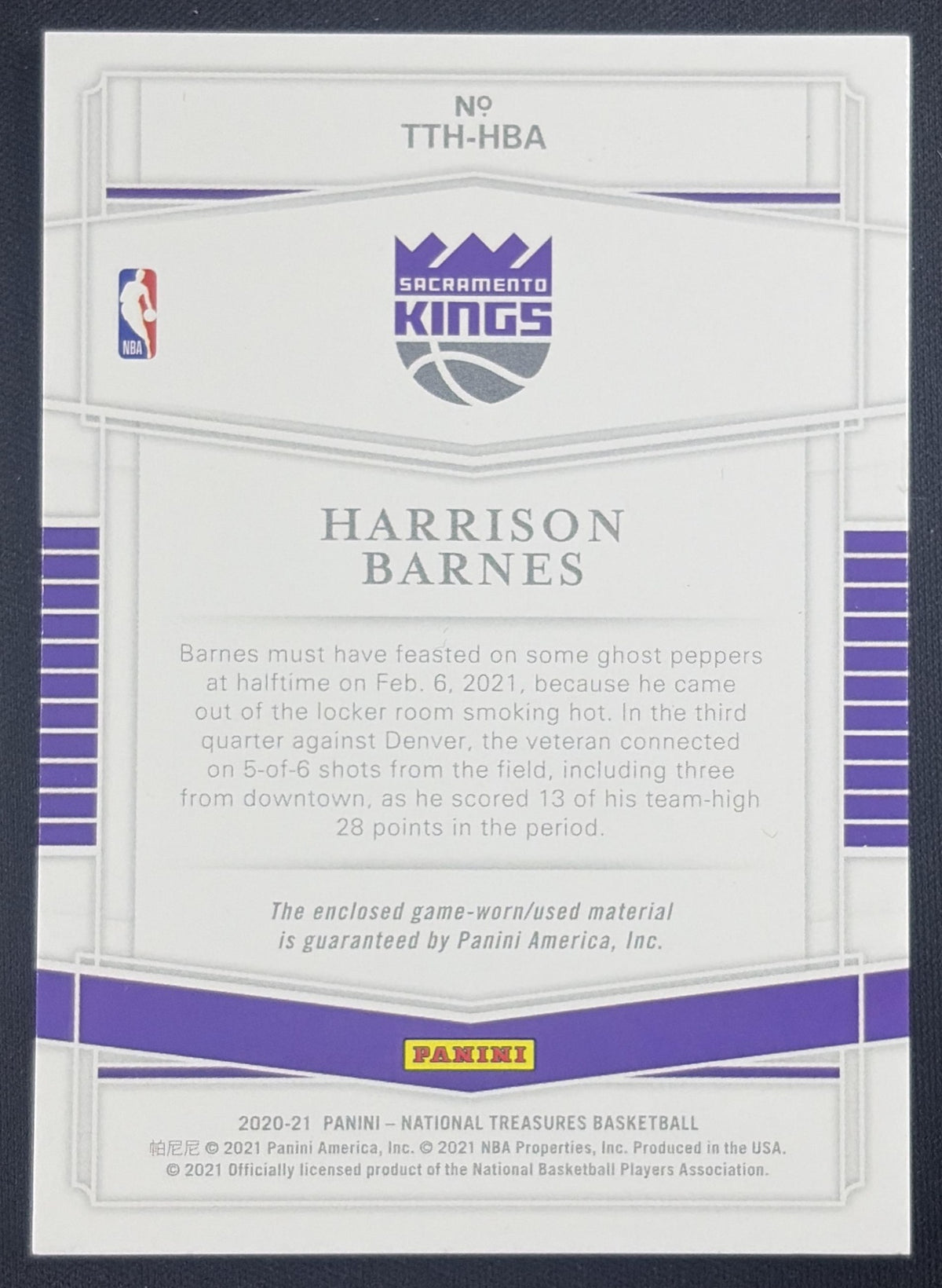 Harrison Barnes 2020 Panini National Treasures Treasured Threads /99 Kings Sacramento Kings Sports Trading Card