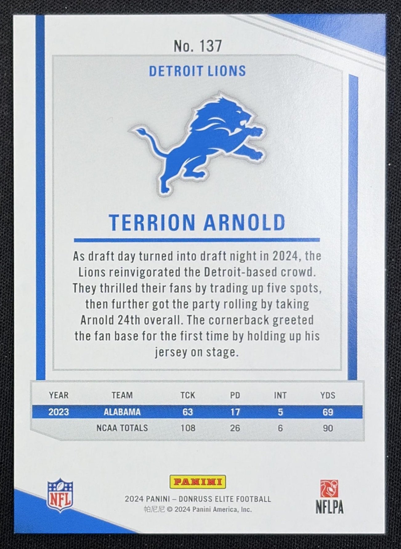 Terrion Arnold 2024 Panini Donruss Elite /999 Lions back