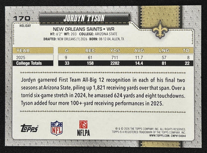 Jordyn Tyson 2026 Topps Holiday Glitter Saints Sports Trading Card