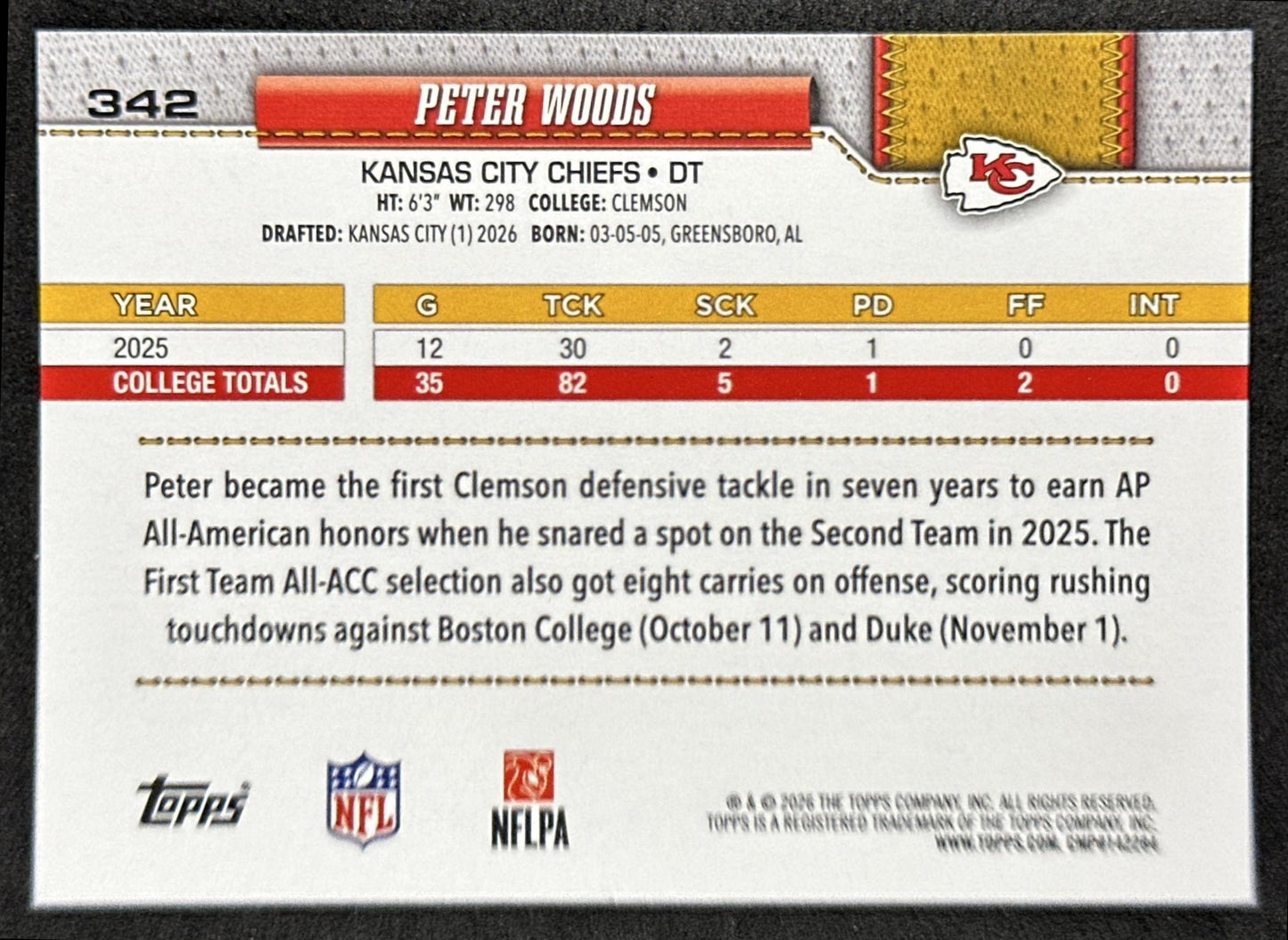 Peter Woods 2026 Topps Flagship Rookie Chiefs Sports Trading Cards