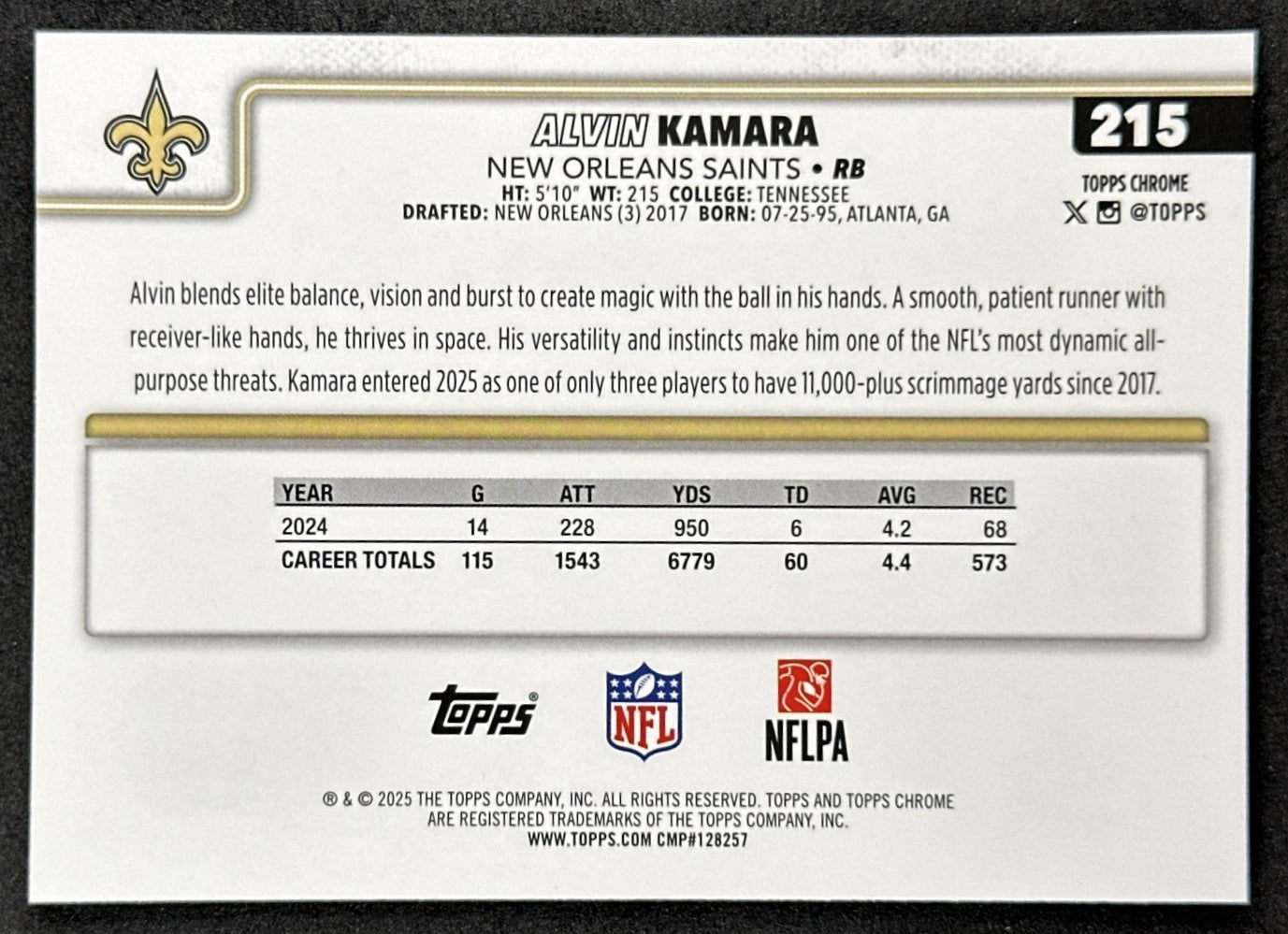 Alvin Kamara 2025 Topps Chrome Sapphire Saints Sports Trading Cards