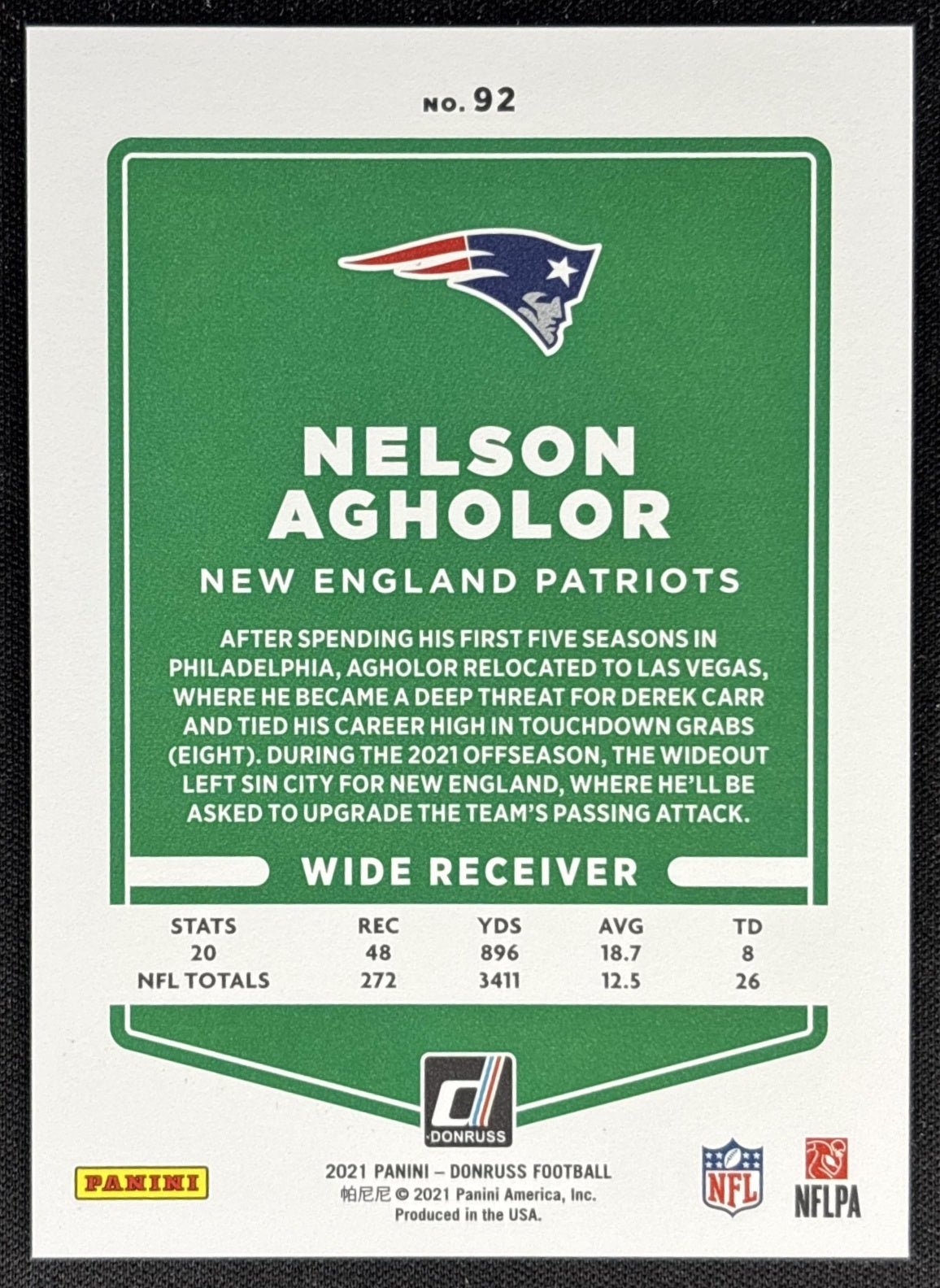 Nelson Agholor 2021 Panini Donruss Press Proof Premium Patriots Ravens Sports Trading Card