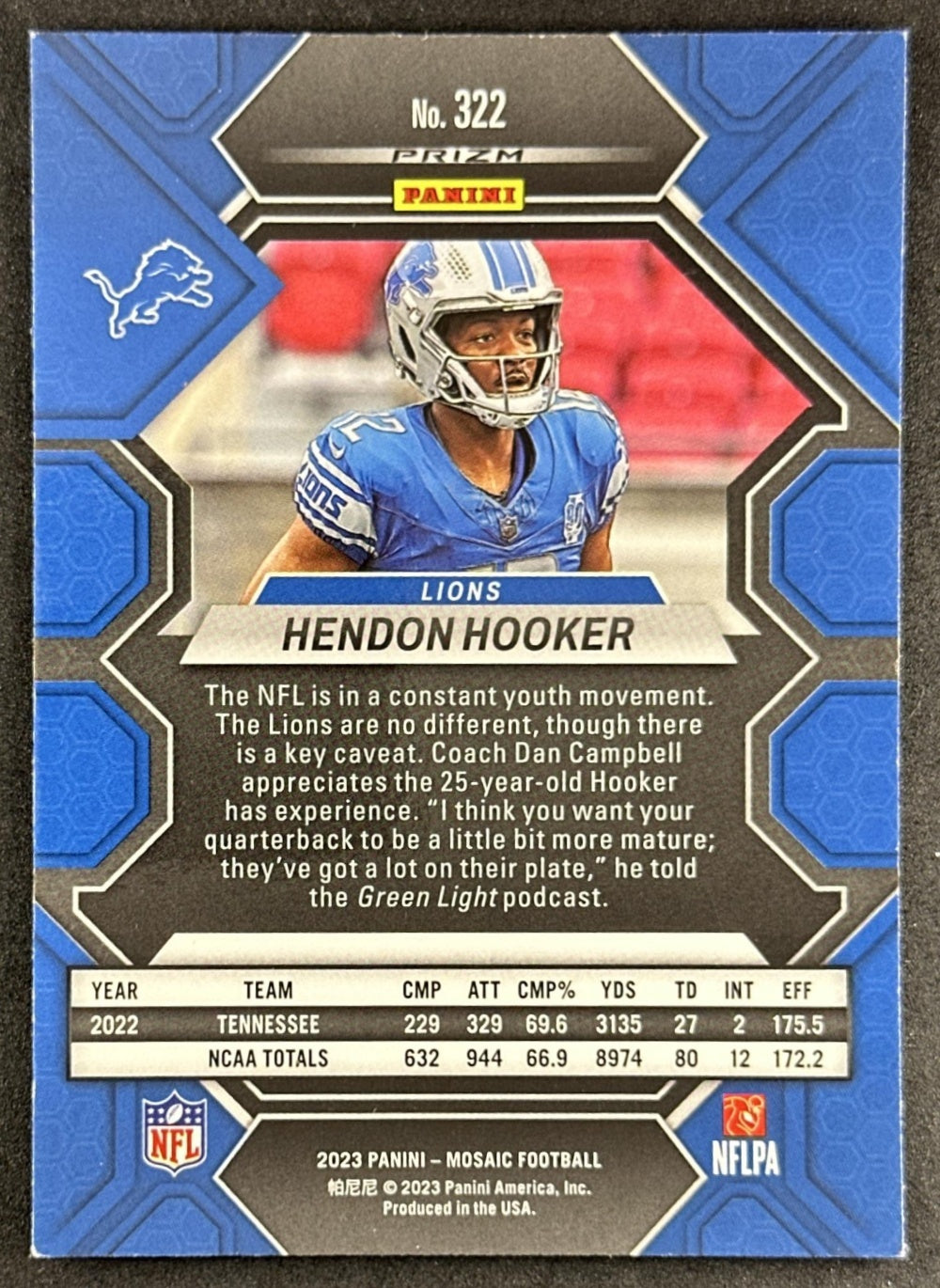 Hendon Hooker 2023 Panini Mosaic Green Mosaic Lions Sports Trading Cards