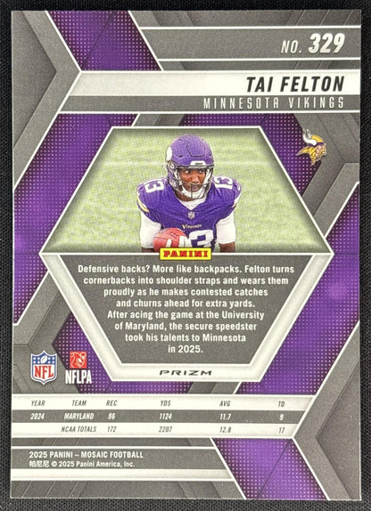 Tai Felton 2025 Panini Mosaic Rookies Purple Scope Prizm Vikings back