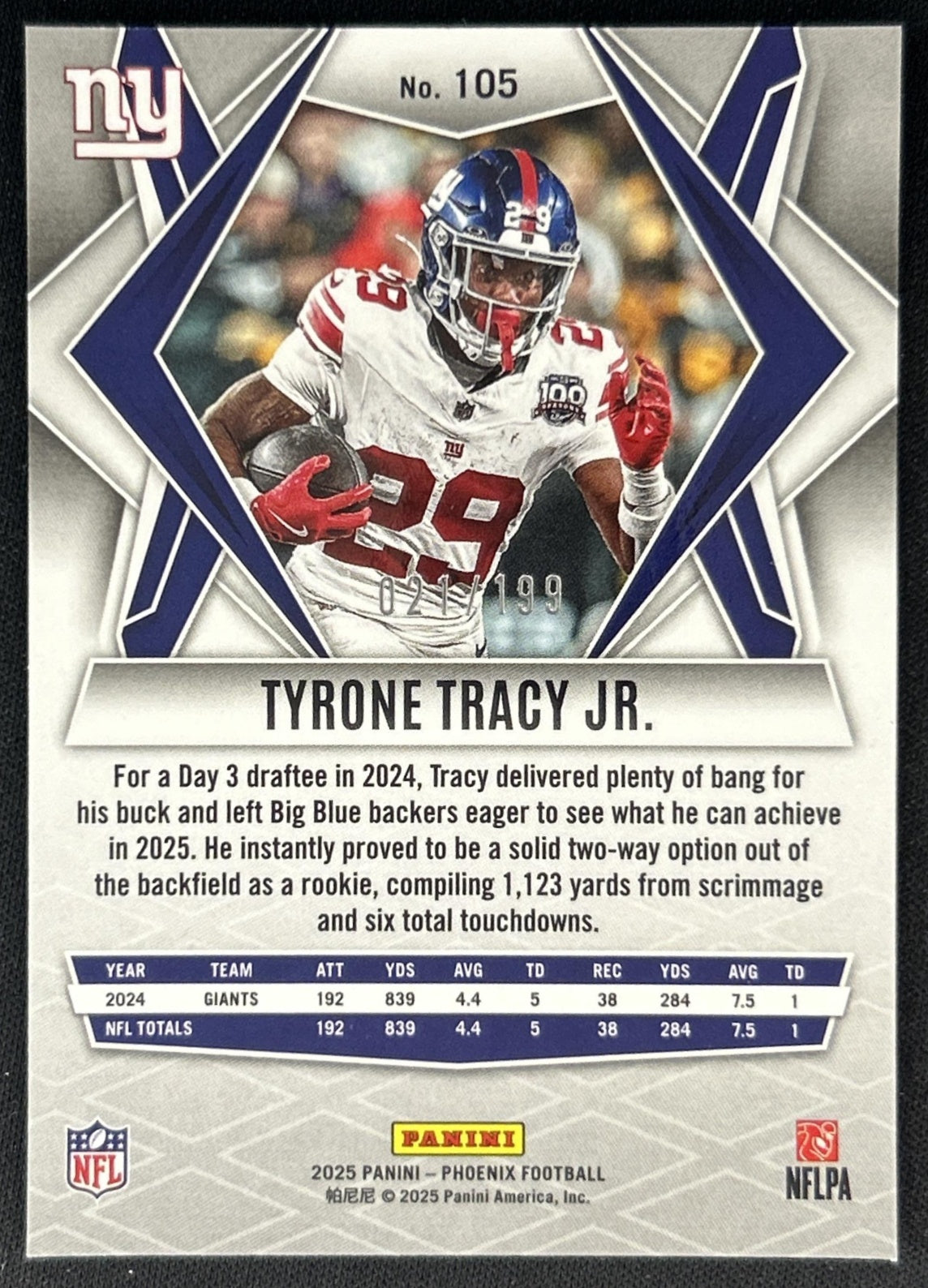 Tyrone Tracy Jr. 2025 Panini Phoenix Blue Winter Prizm /199 Giants Back