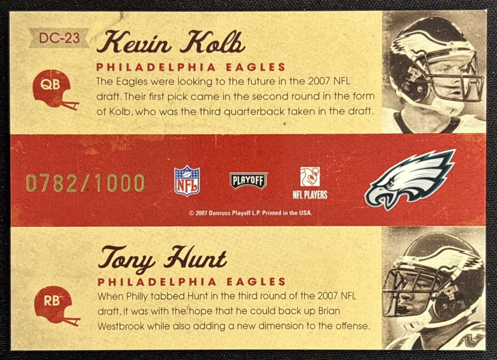 Kevin Kolb Tony Hunt 2007 Playoff Contenders Draft Class /1000 Eagles back
