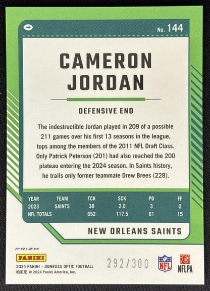 Cameron Jordan 2024 Panini Donruss Optic Wave /300 Saints Sports Trading Cards