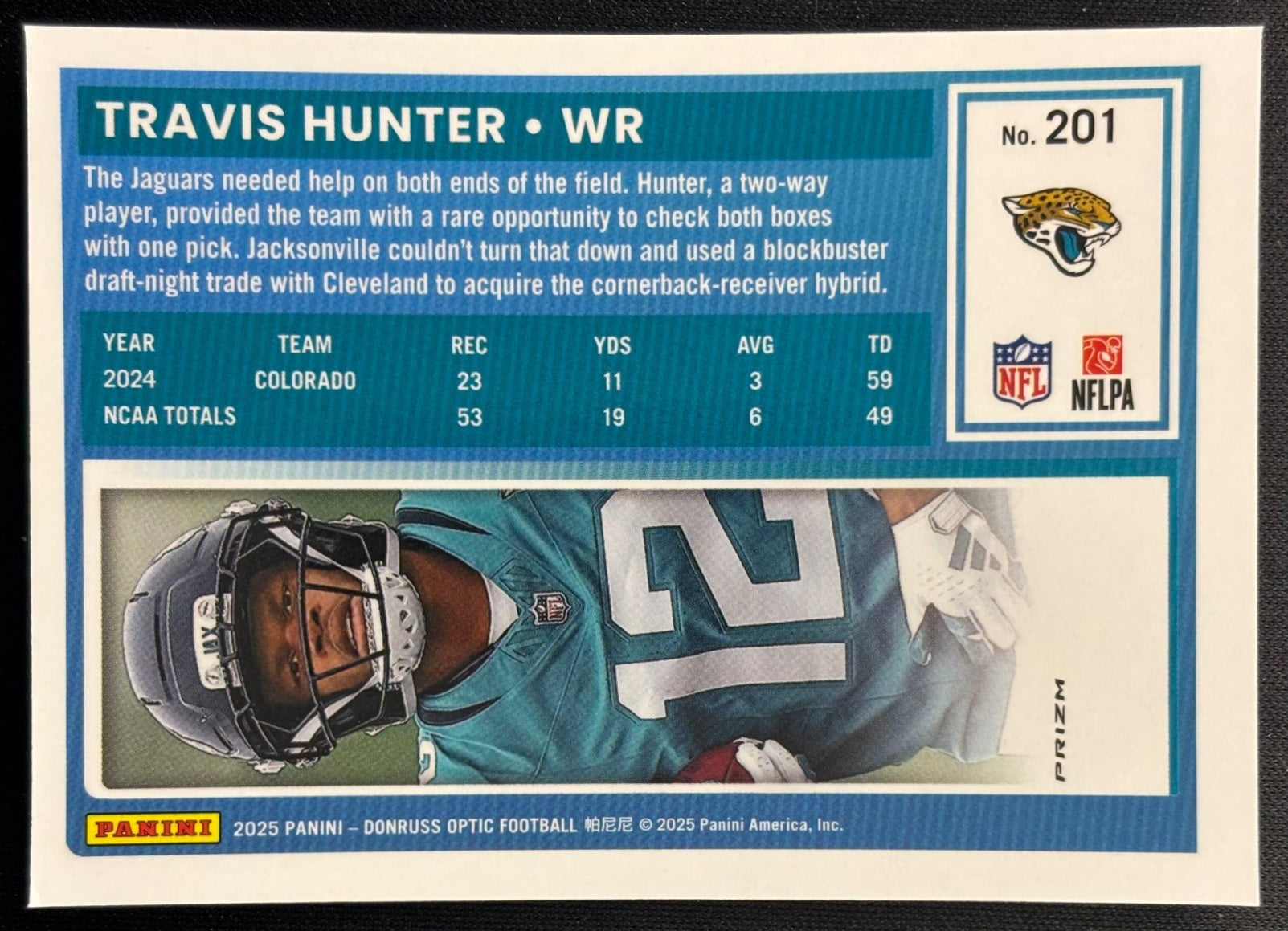 Travis Hunter 2025 Donruss Optic Rated Rookie Purple Shock Prizm Jaguars Sports Trading Cards