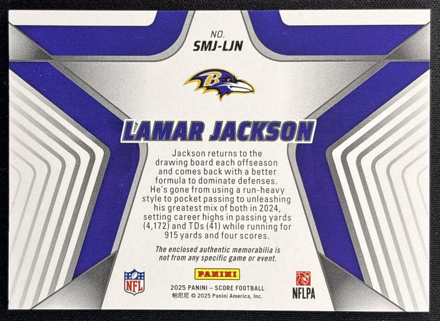 Lamar Jackson 2025 Panini Score Stars of the NFL Jersey Ravens