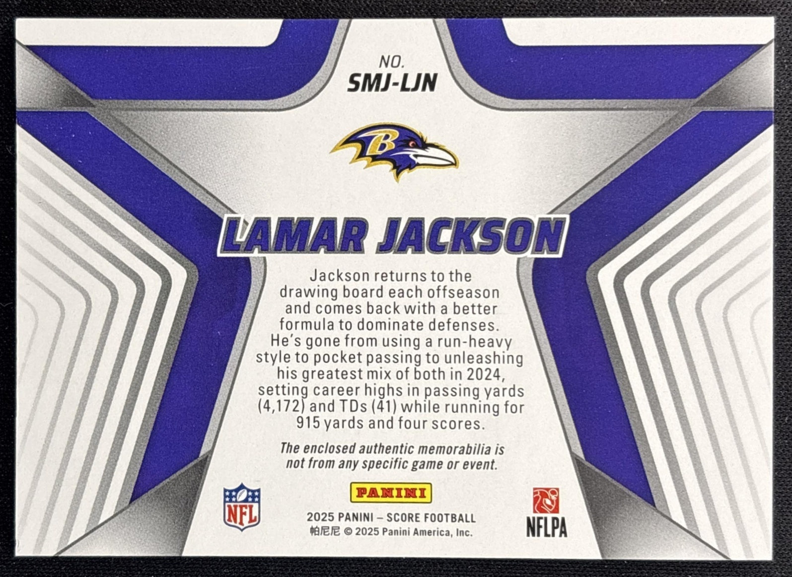 Lamar Jackson 2025 Panini Score Stars of the NFL Jersey Ravens