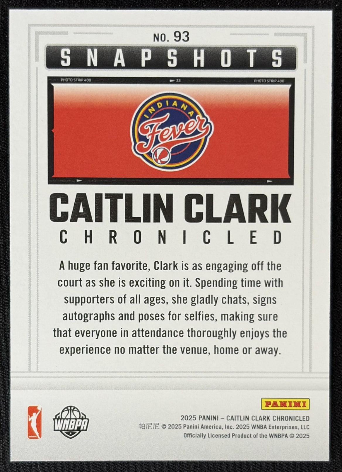 Caitlin Clark 2025 Panini Chronicled Snap Shots Holo Fever 93