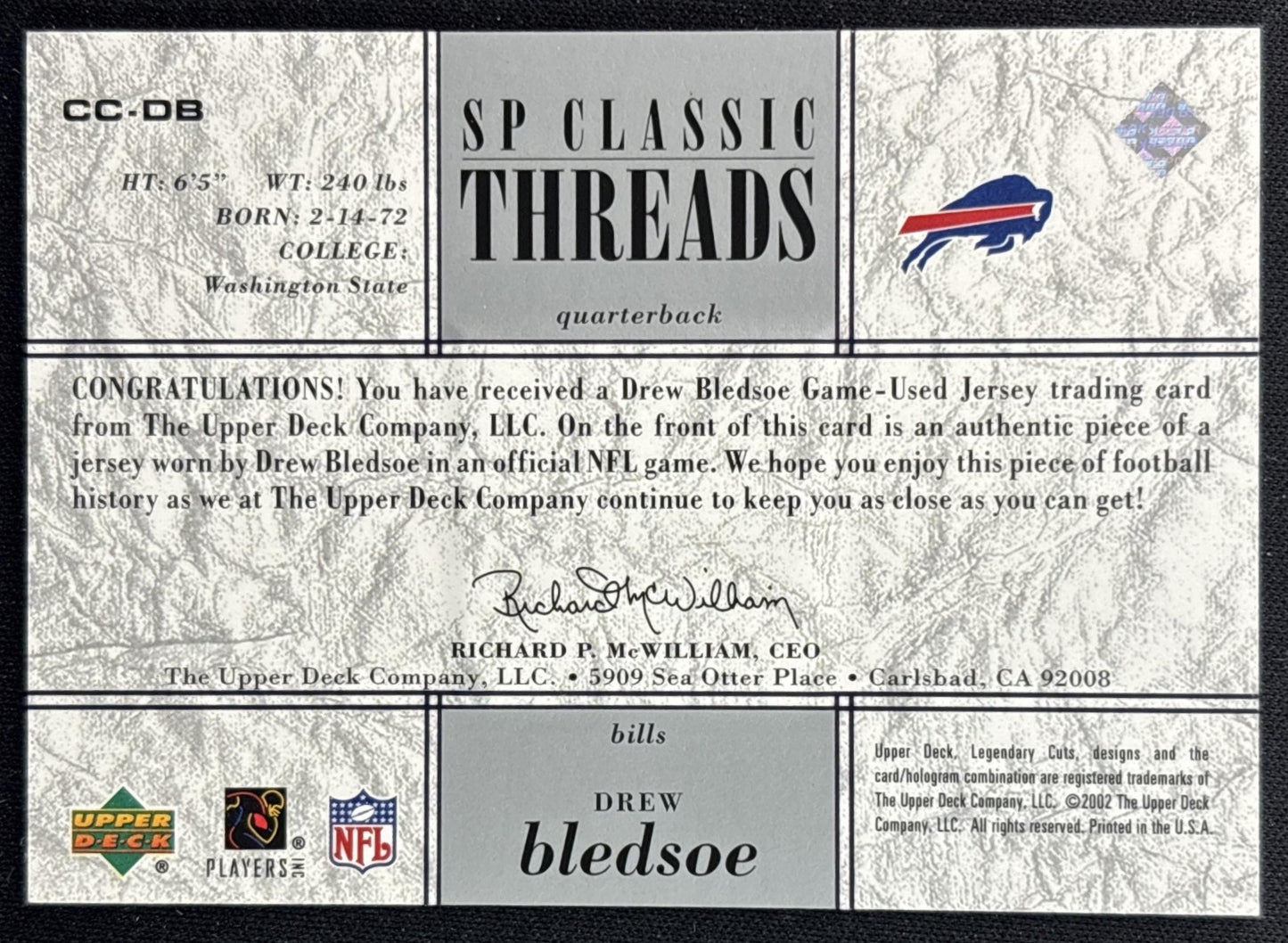 Drew Bledsoe 2002 SP Legendary Cuts Classic Threads /350 Bills Back