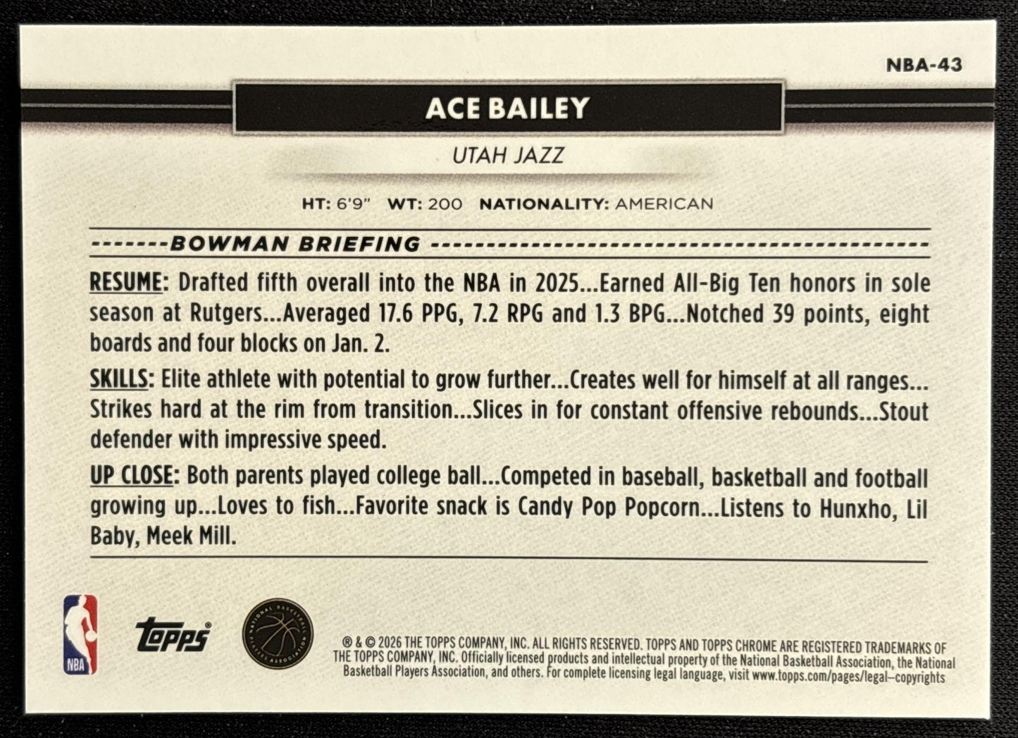 Ace Bailey 2026 Topps NSCC Collection NBA Sports Trading Cards