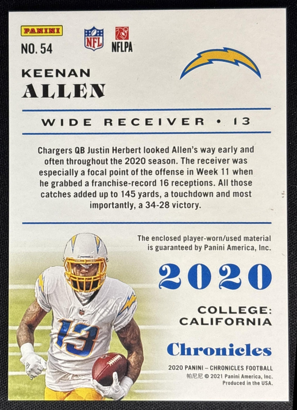Keenan Allen 2020 Panini Chronicles Jersey /299 Chargers Sports Trading Cards