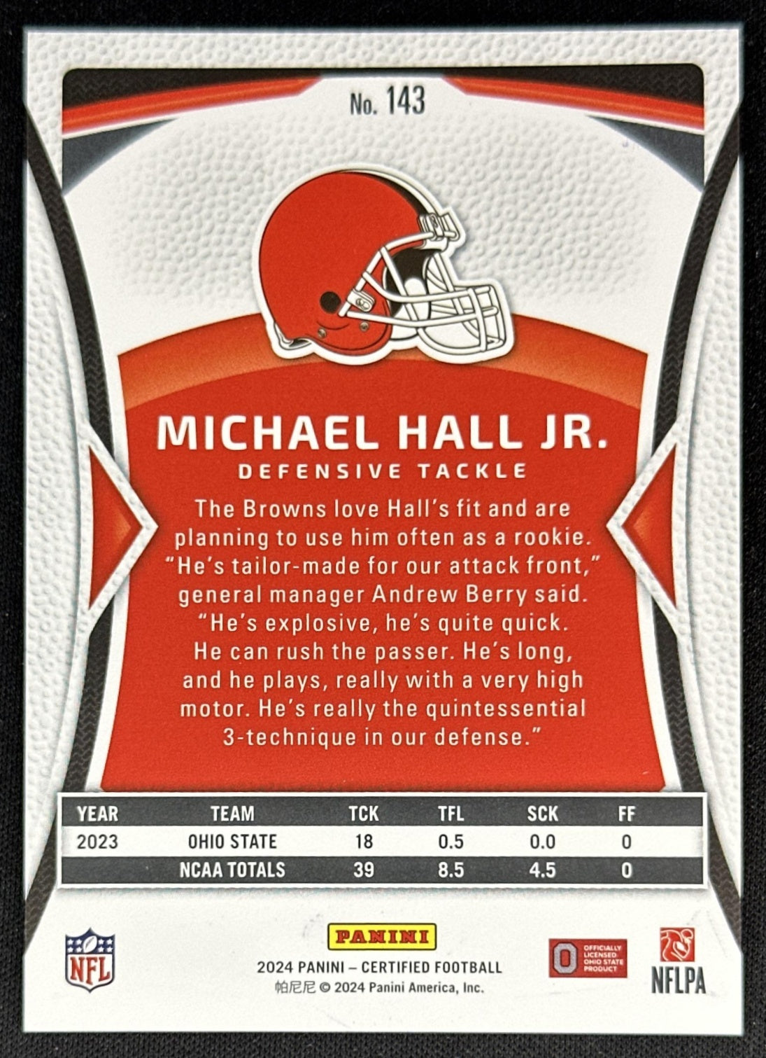 Michael Hall Jr. 2024 Certified /75 Rookie Browns back
