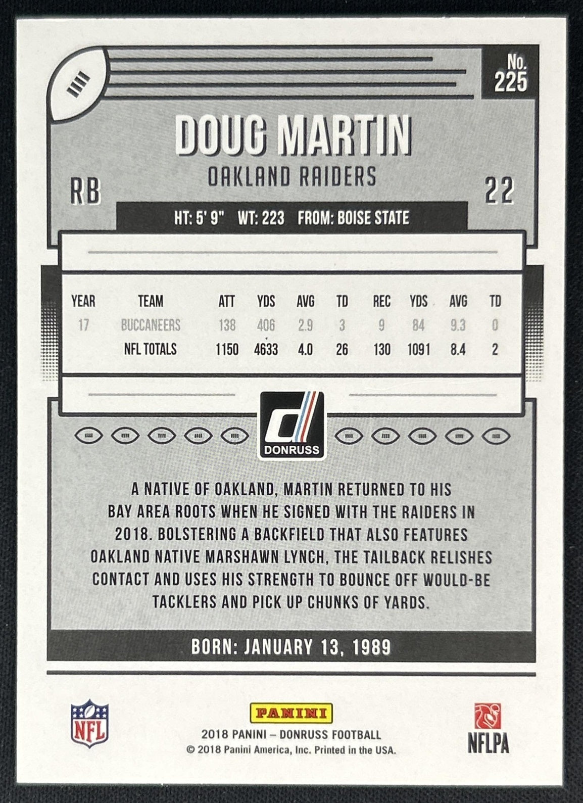 Doug Martin 2018 Panini Donruss Season Stat Line /400 Raiders back