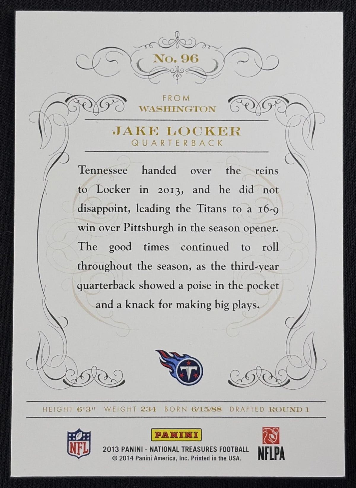 Back of Jake Locker 2013 Panini National Treasures /99 Titans sports trading card