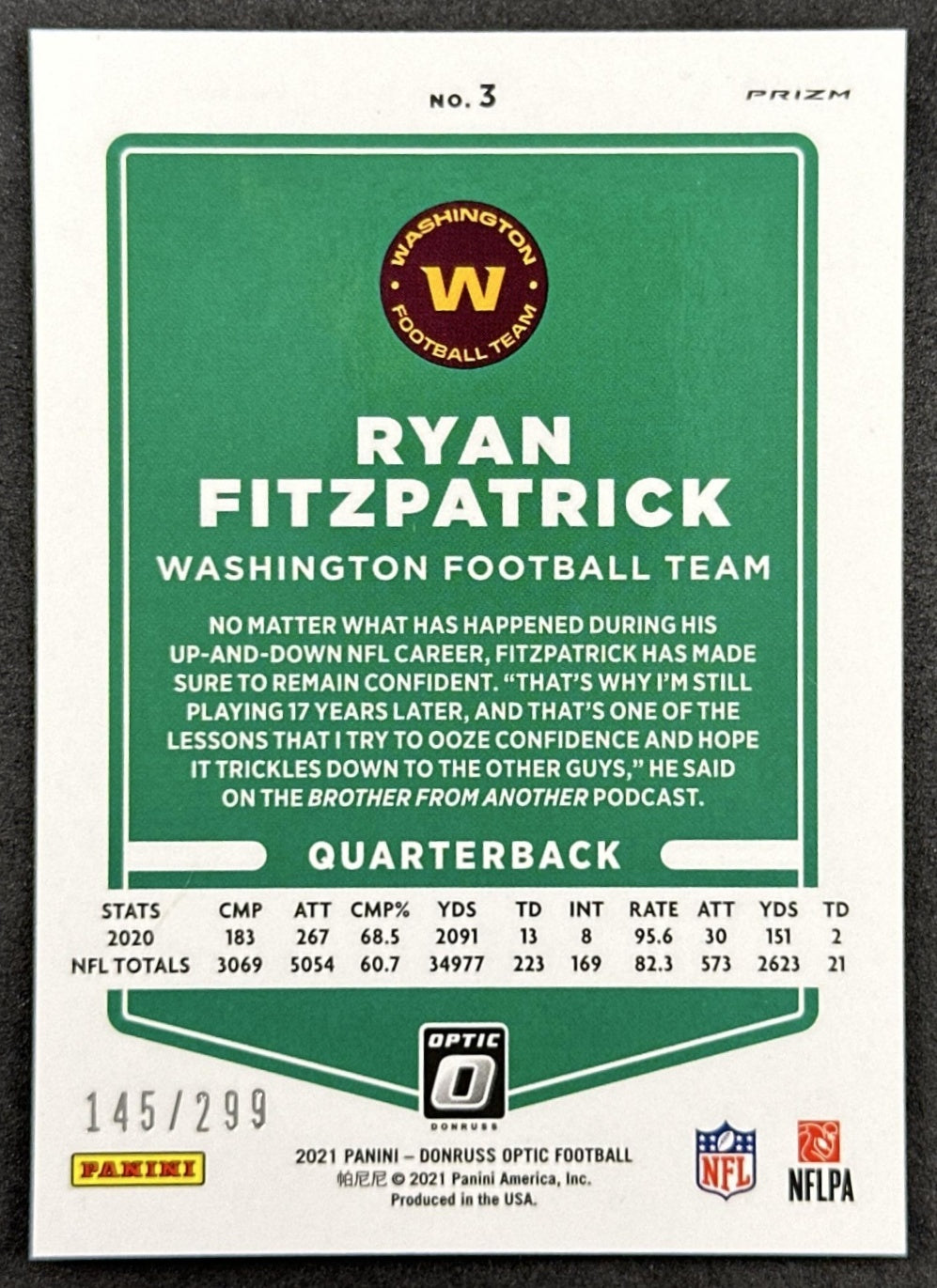 Ryan Fitzpatrick 2021 Panini Donruss Optic Aqua /299 Sports Trading Cards