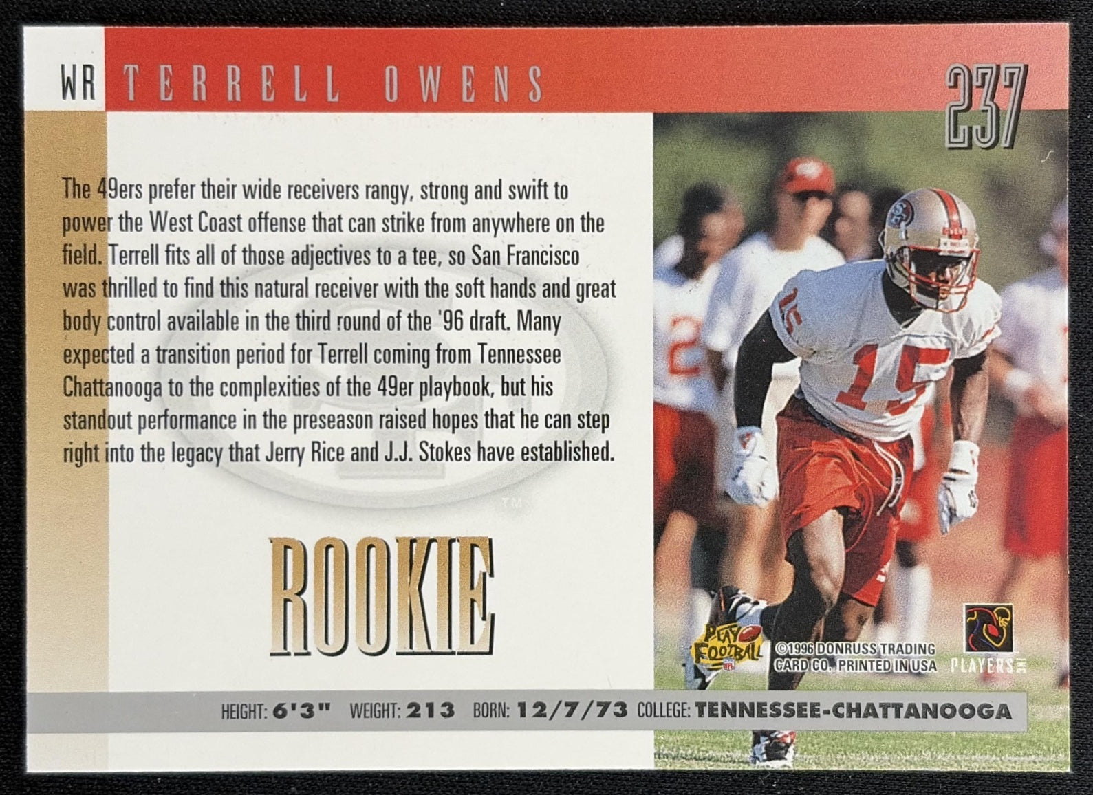 Terrell Owens 1996 Donruss 49ers back